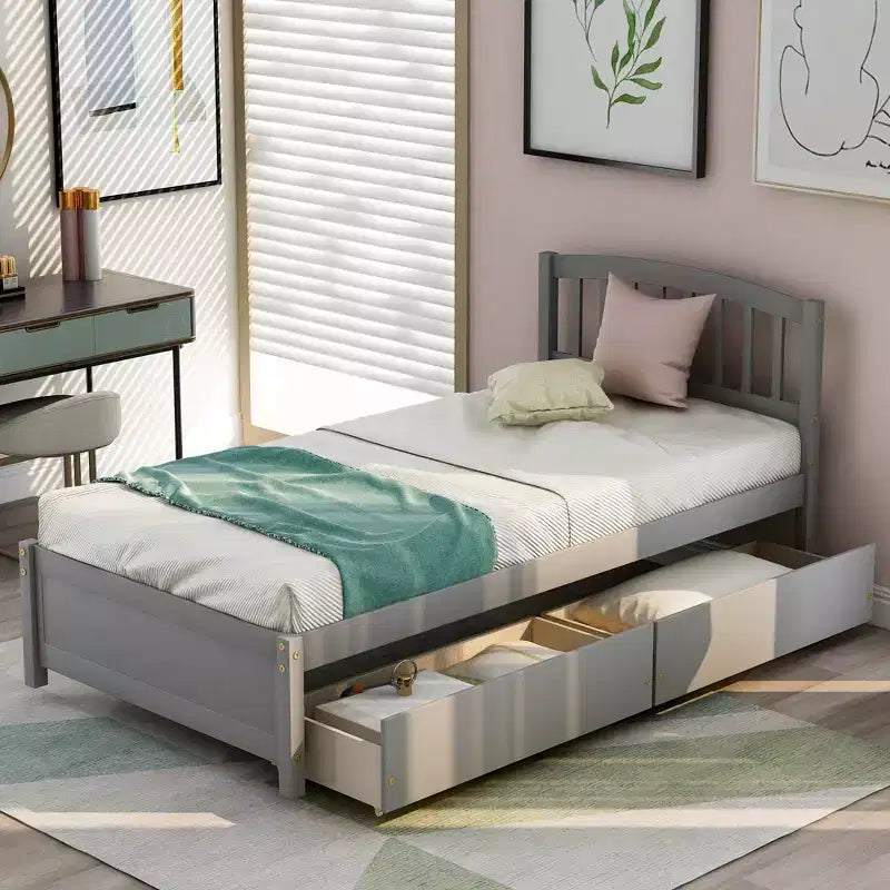 Letto a piattaforma singolo dal design elegante con due cassetti e testiera