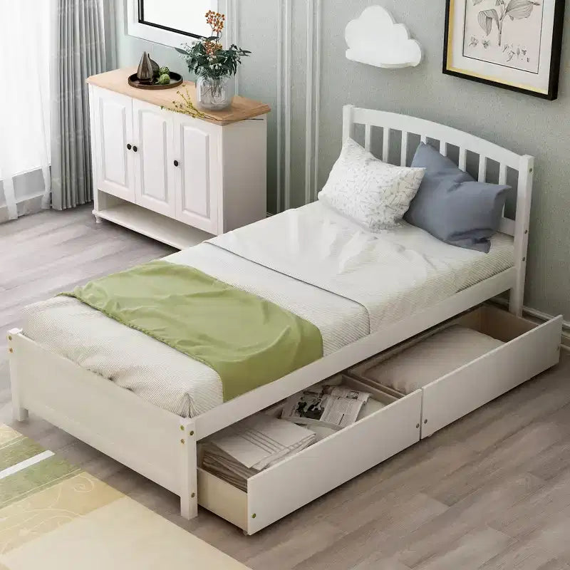 Letto a piattaforma singolo dal design elegante con due cassetti e testiera