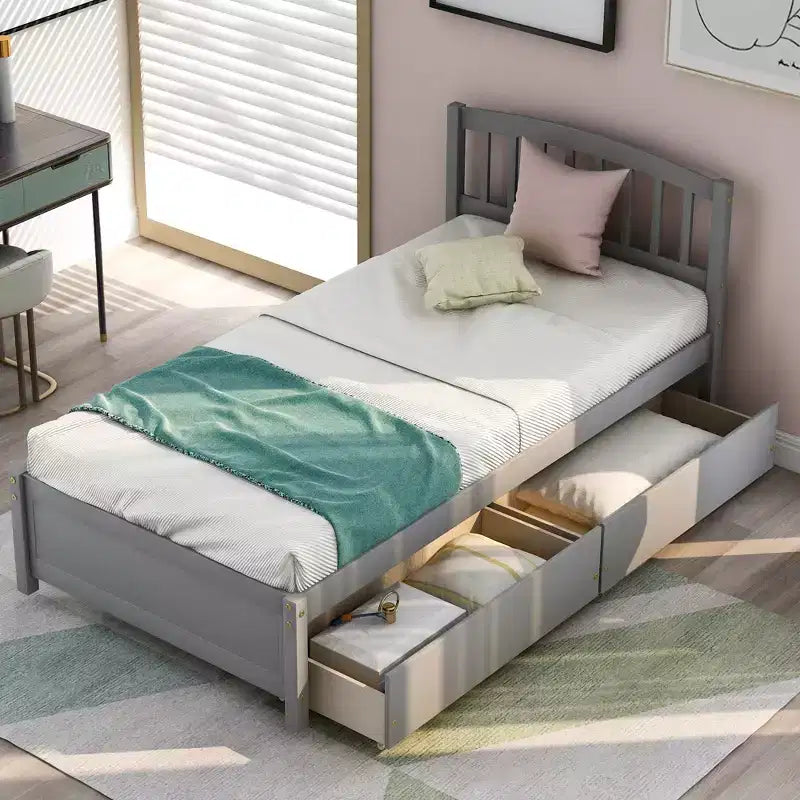 Letto a piattaforma singolo dal design elegante con due cassetti e testiera