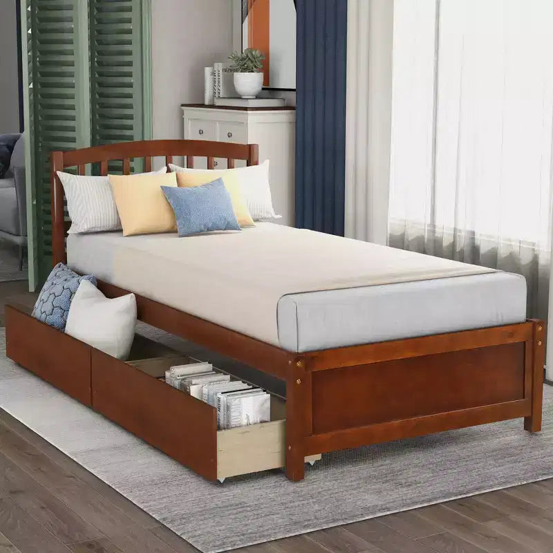 Letto a piattaforma singolo dal design elegante con due cassetti e testiera