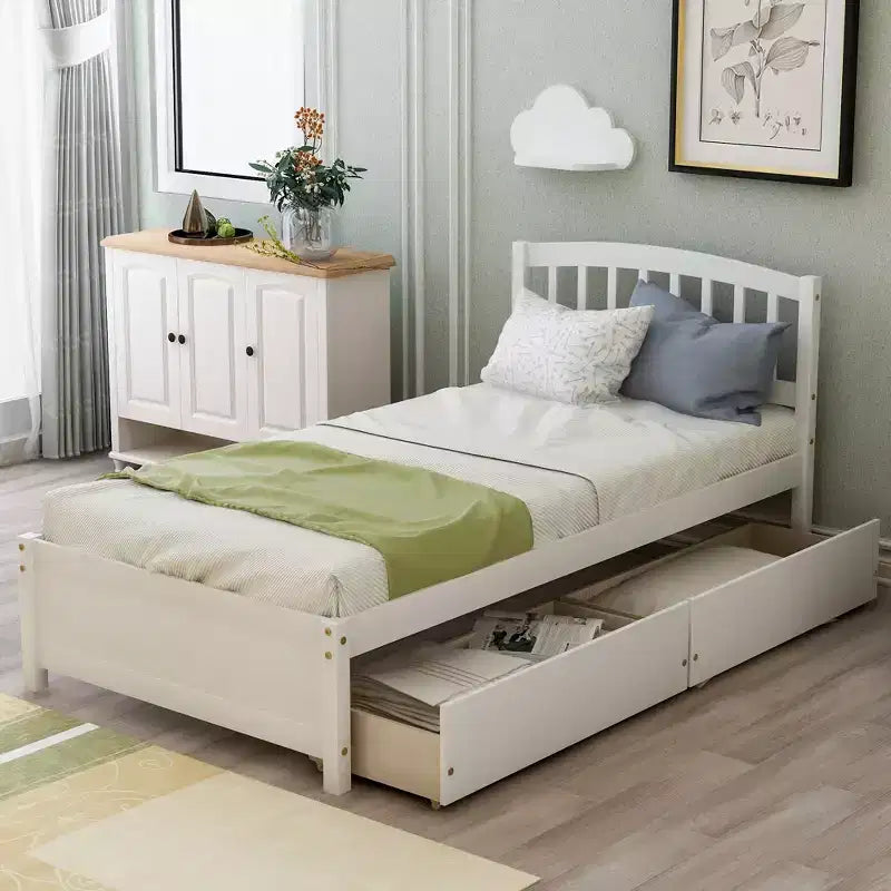 Letto a piattaforma singolo dal design elegante con due cassetti e testiera