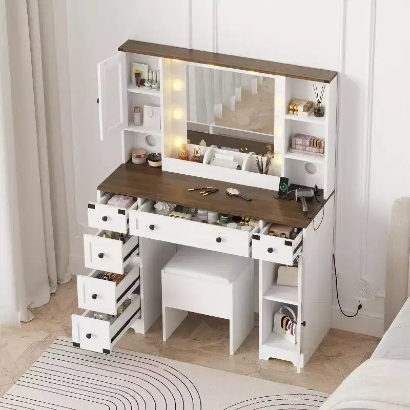Toeletta con Grande Specchio Illuminato a LED a 3 Modalità, Comodino in Legno per Camera da Letto con Presa di Corrente, Cassetti, Sgabello Contenitore, Rosa