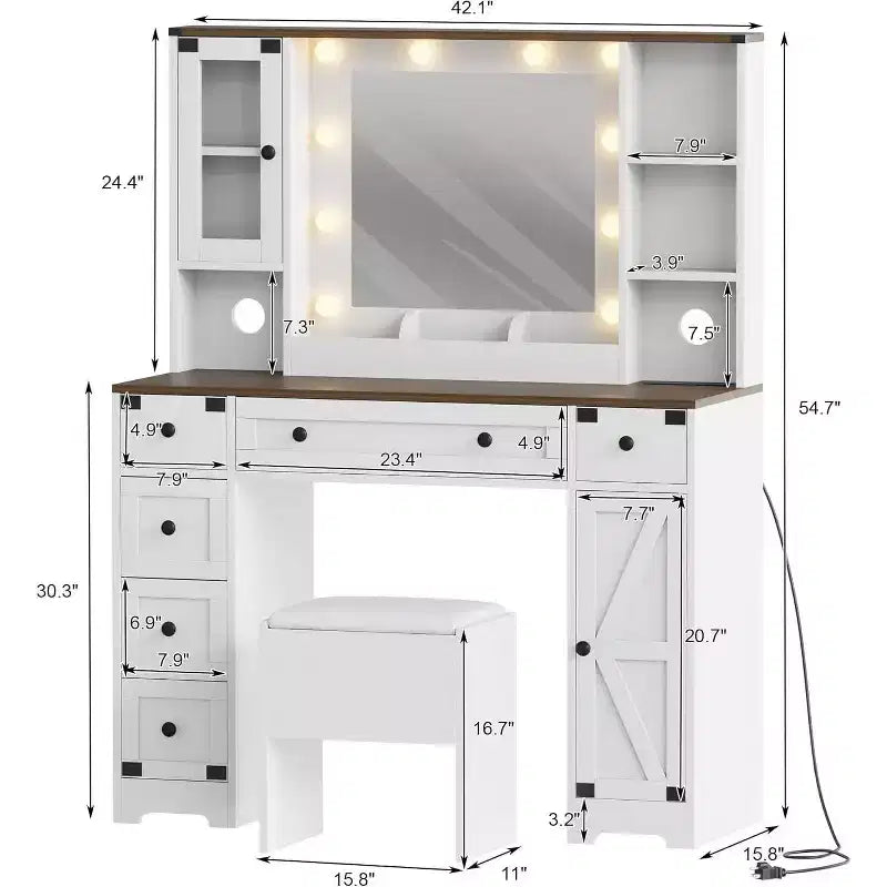 Toeletta con Grande Specchio Illuminato a LED a 3 Modalità, Comodino in Legno per Camera da Letto con Presa di Corrente, Cassetti, Sgabello Contenitore, Rosa