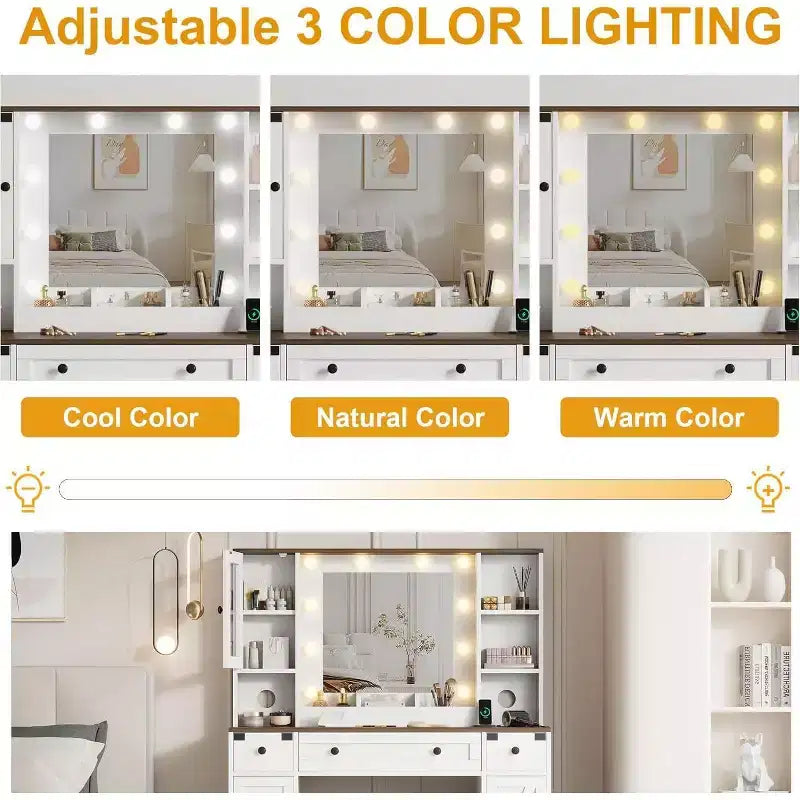 Toeletta con Grande Specchio Illuminato a LED a 3 Modalità, Comodino in Legno per Camera da Letto con Presa di Corrente, Cassetti, Sgabello Contenitore, Rosa