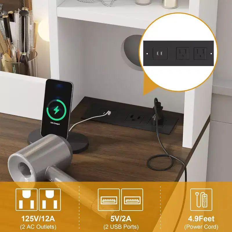 Toeletta con Grande Specchio Illuminato a LED a 3 Modalità, Comodino in Legno per Camera da Letto con Presa di Corrente, Cassetti, Sgabello Contenitore, Rosa