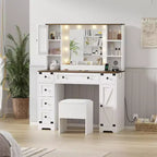 Toeletta con Grande Specchio Illuminato a LED a 3 Modalità, Comodino in Legno per Camera da Letto con Presa di Corrente, Cassetti, Sgabello Contenitore, Rosa