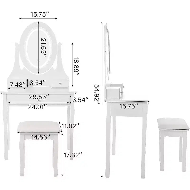 Toeletta con Grande Specchio Illuminato a LED a 3 Modalità, Comodino in Legno per Camera da Letto con Presa di Corrente, Cassetti, Sgabello Contenitore, Rosa