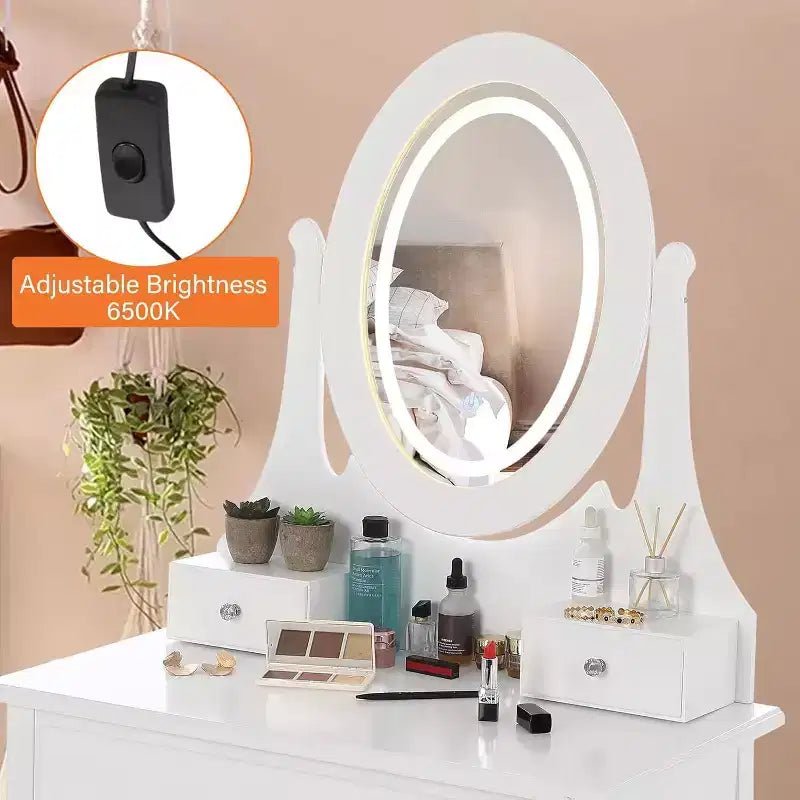 Toeletta con Grande Specchio Illuminato a LED a 3 Modalità, Comodino in Legno per Camera da Letto con Presa di Corrente, Cassetti, Sgabello Contenitore, Rosa