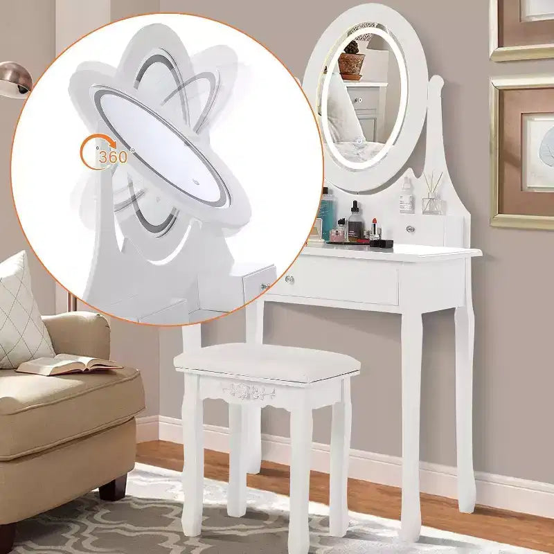 Toeletta con Grande Specchio Illuminato a LED a 3 Modalità, Comodino in Legno per Camera da Letto con Presa di Corrente, Cassetti, Sgabello Contenitore, Rosa