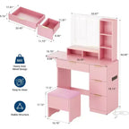Toeletta con Grande Specchio Illuminato a LED a 3 Modalità, Comodino in Legno per Camera da Letto con Presa di Corrente, Cassetti, Sgabello Contenitore, Rosa