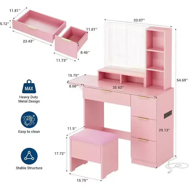 Toeletta con Grande Specchio Illuminato a LED a 3 Modalità, Comodino in Legno per Camera da Letto con Presa di Corrente, Cassetti, Sgabello Contenitore, Rosa