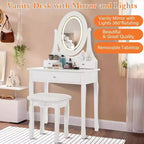 Toeletta con Grande Specchio Illuminato a LED a 3 Modalità, Comodino in Legno per Camera da Letto con Presa di Corrente, Cassetti, Sgabello Contenitore, Rosa