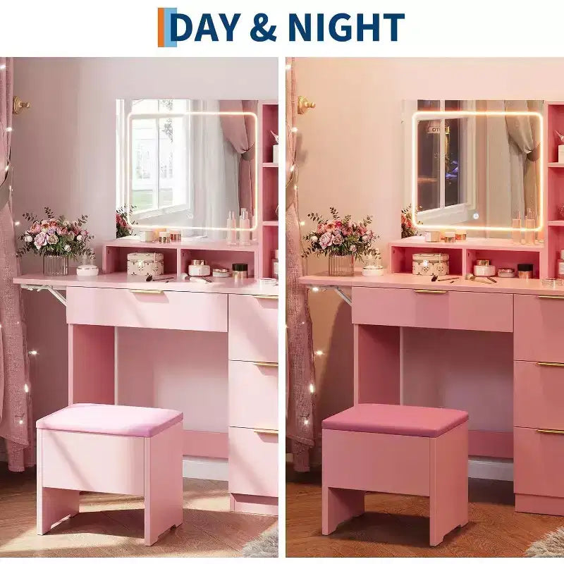 Toeletta con Grande Specchio Illuminato a LED a 3 Modalità, Comodino in Legno per Camera da Letto con Presa di Corrente, Cassetti, Sgabello Contenitore, Rosa