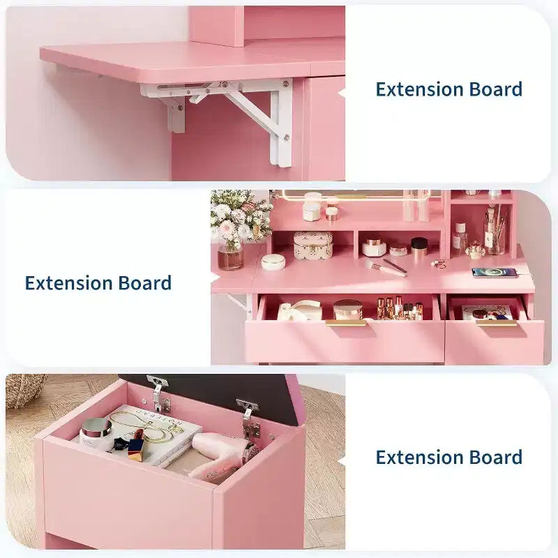 Toeletta con Grande Specchio Illuminato a LED a 3 Modalità, Comodino in Legno per Camera da Letto con Presa di Corrente, Cassetti, Sgabello Contenitore, Rosa