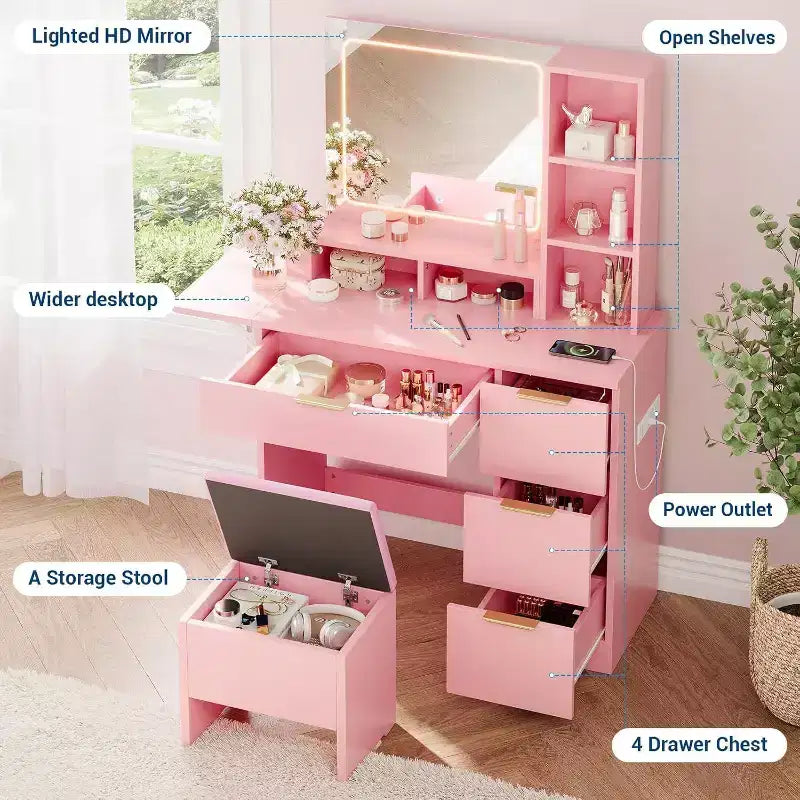 Toeletta con Grande Specchio Illuminato a LED a 3 Modalità, Comodino in Legno per Camera da Letto con Presa di Corrente, Cassetti, Sgabello Contenitore, Rosa
