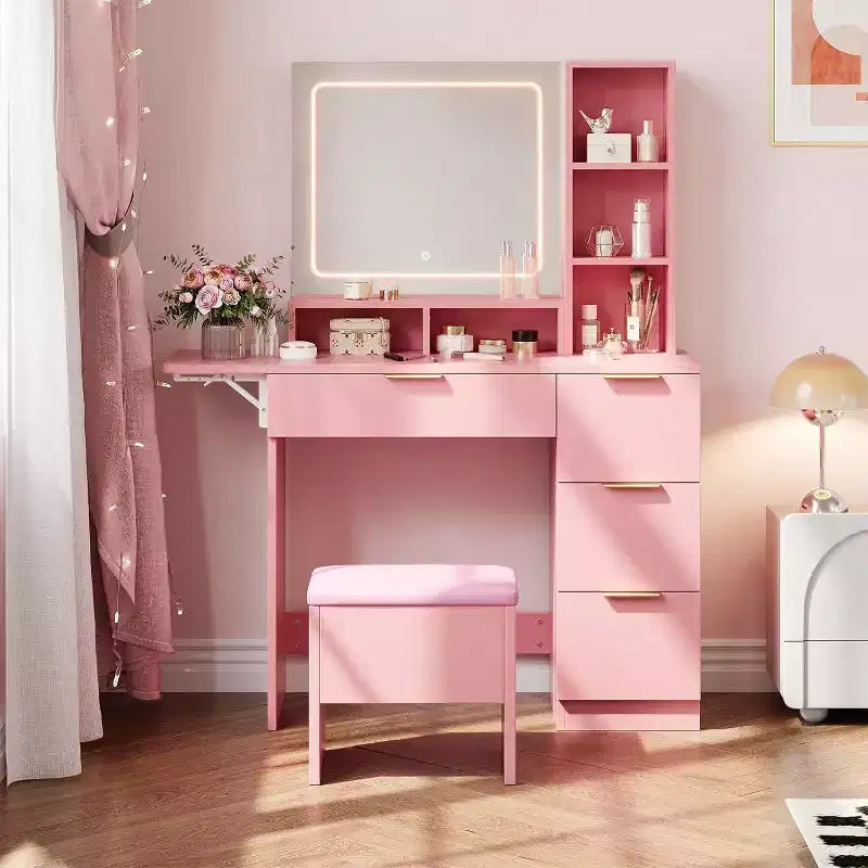 Toeletta con Grande Specchio Illuminato a LED a 3 Modalità, Comodino in Legno per Camera da Letto con Presa di Corrente, Cassetti, Sgabello Contenitore, Rosa