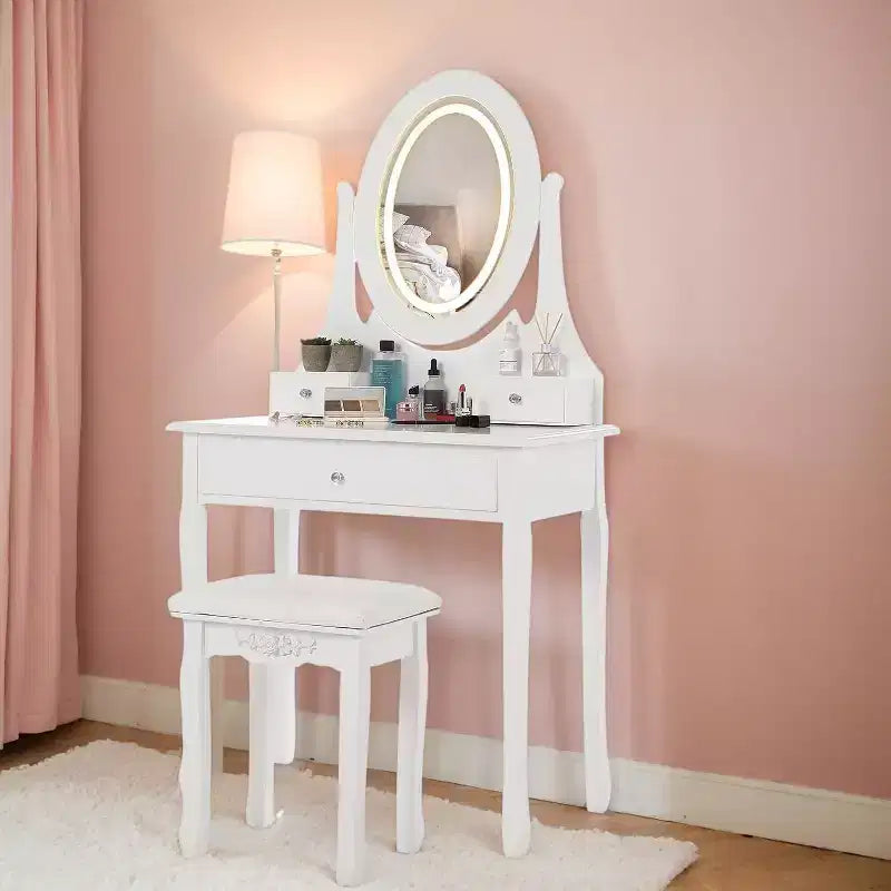 Toeletta con Grande Specchio Illuminato a LED a 3 Modalità, Comodino in Legno per Camera da Letto con Presa di Corrente, Cassetti, Sgabello Contenitore, Rosa
