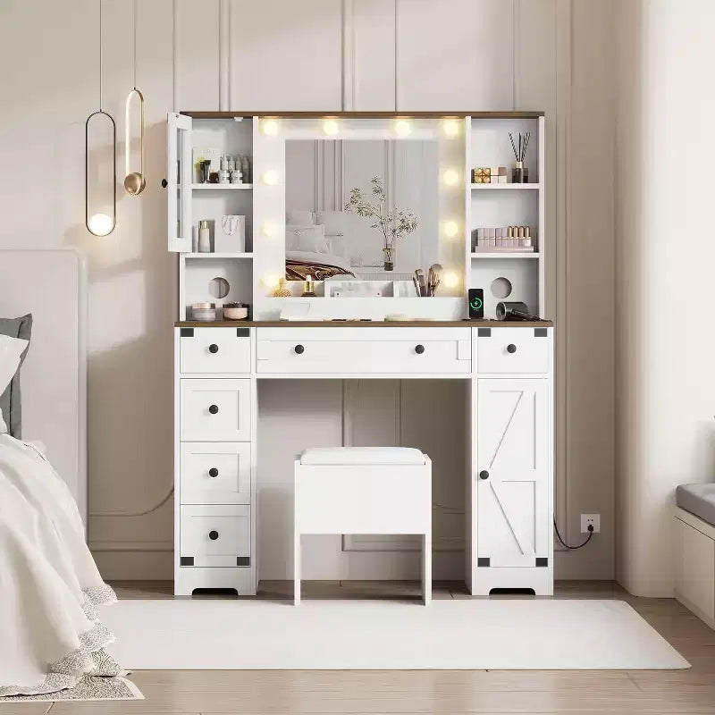 Toeletta con Grande Specchio Illuminato a LED a 3 Modalità, Comodino in Legno per Camera da Letto con Presa di Corrente, Cassetti, Sgabello Contenitore, Rosa