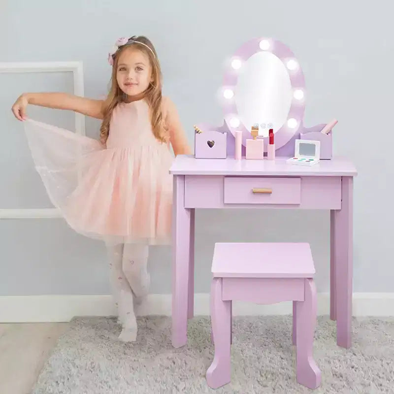 Toeletta per bambine con specchio, tavolo da trucco e sgabello per bambini, playset in legno per travestimenti per 4-9 anni, viola