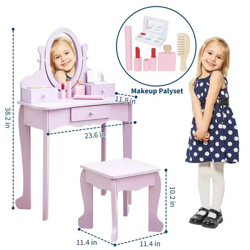 Toeletta per bambine con specchio, tavolo da trucco e sgabello per bambini, playset in legno per travestimenti per 4-9 anni, viola