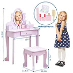 Toeletta per bambine con specchio, tavolo da trucco e sgabello per bambini, playset in legno per travestimenti per 4-9 anni, viola