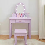 Toeletta per bambine con specchio, tavolo da trucco e sgabello per bambini, playset in legno per travestimenti per 4-9 anni, viola