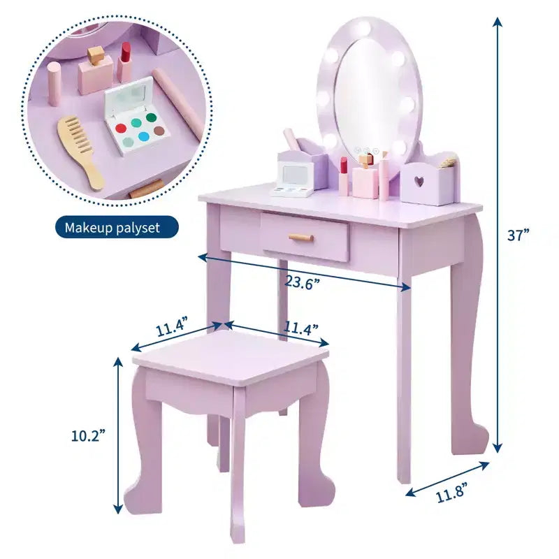 Toeletta per bambine con specchio, tavolo da trucco e sgabello per bambini, playset in legno per travestimenti per 4-9 anni, viola