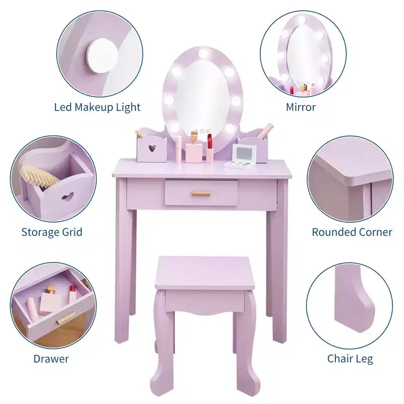 Toeletta per bambine con specchio, tavolo da trucco e sgabello per bambini, playset in legno per travestimenti per 4-9 anni, viola