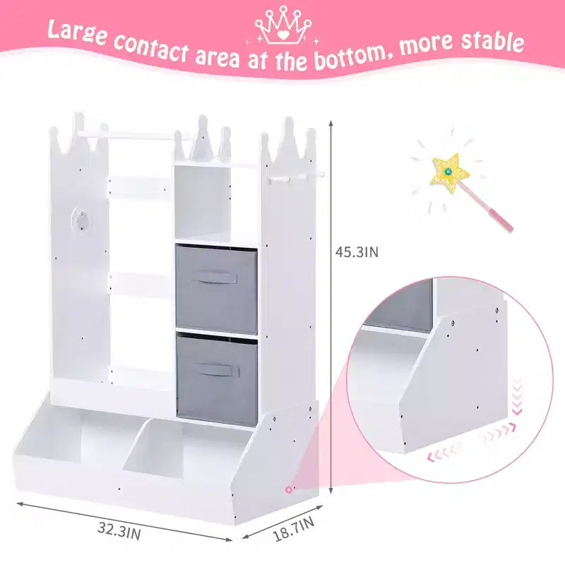 Guardaroba da principessa con specchio, Centro completo per travestimenti con contenitore, 4 ripiani e contenitori in tessuto, Organizer per armadio per bambini per vestiti, giocattoli, scarpe