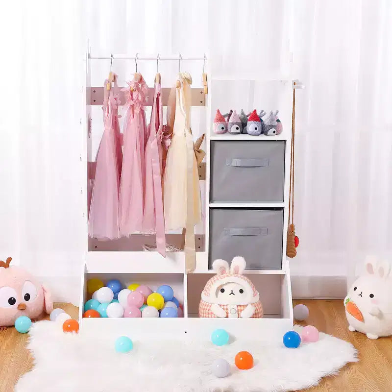 Guardaroba da principessa con specchio, Centro completo per travestimenti con contenitore, 4 ripiani e contenitori in tessuto, Organizer per armadio per bambini per vestiti, giocattoli, scarpe
