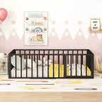 Struttura letto a terra moderna con recinzione di sicurezza e porta, struttura letto a terra in metallo per bambini e bambine facile da montare