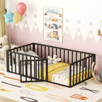Struttura letto a terra moderna con recinzione di sicurezza e porta, struttura letto a terra in metallo per bambini e bambine facile da montare