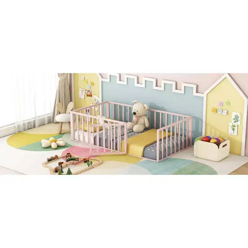 Struttura letto a terra moderna con recinzione di sicurezza e porta, struttura letto a terra in metallo per bambini e bambine facile da montare