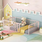 Struttura letto a terra moderna con recinzione di sicurezza e porta, struttura letto a terra in metallo per bambini e bambine facile da montare