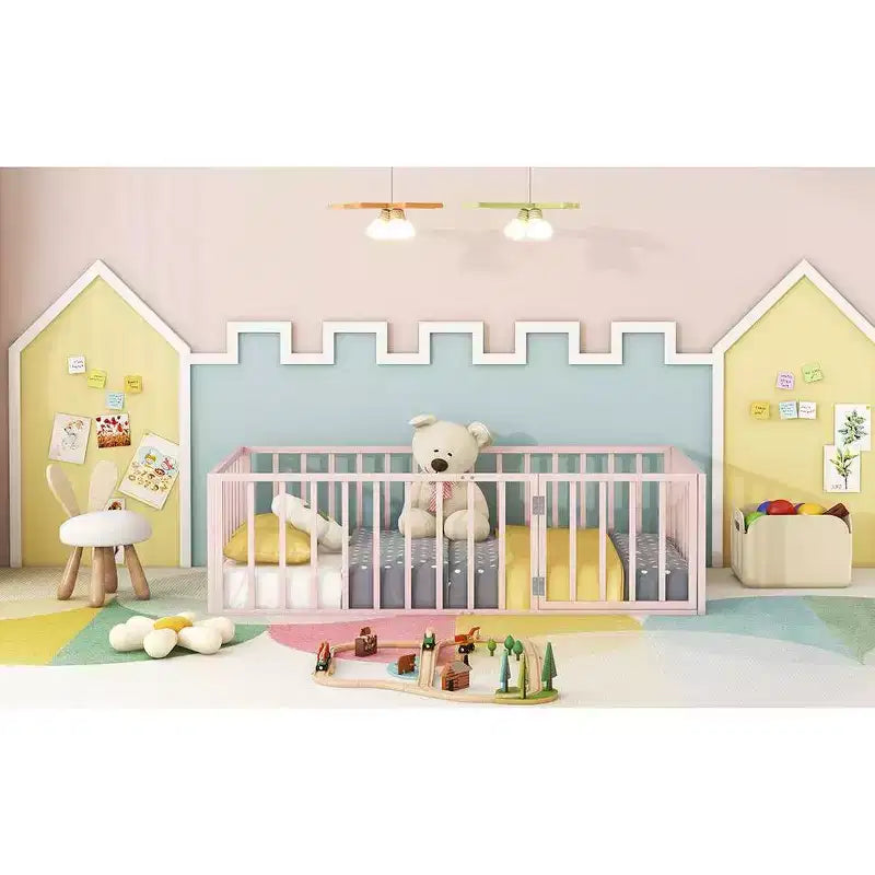 Struttura letto a terra moderna con recinzione di sicurezza e porta, struttura letto a terra in metallo per bambini e bambine facile da montare