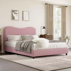 Struttura letto matrimoniale/una piazza e mezza/queen size con testiera imbottita in Boucle effetto nuvola, piattaforma a basso profilo, robuste doghe in legno, silenziosa, non richiede rete a molle