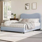 Struttura letto matrimoniale/una piazza e mezza/queen size con testiera imbottita in Boucle effetto nuvola, piattaforma a basso profilo, robuste doghe in legno, silenziosa, non richiede rete a molle
