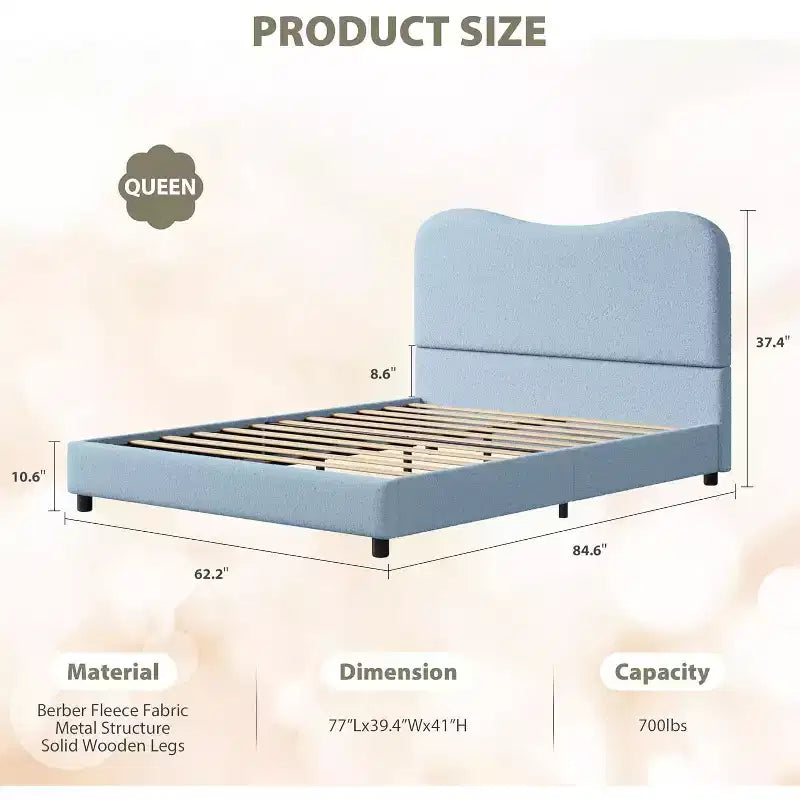 Struttura letto matrimoniale/una piazza e mezza/queen size con testiera imbottita in Boucle effetto nuvola, piattaforma a basso profilo, robuste doghe in legno, silenziosa, non richiede rete a molle
