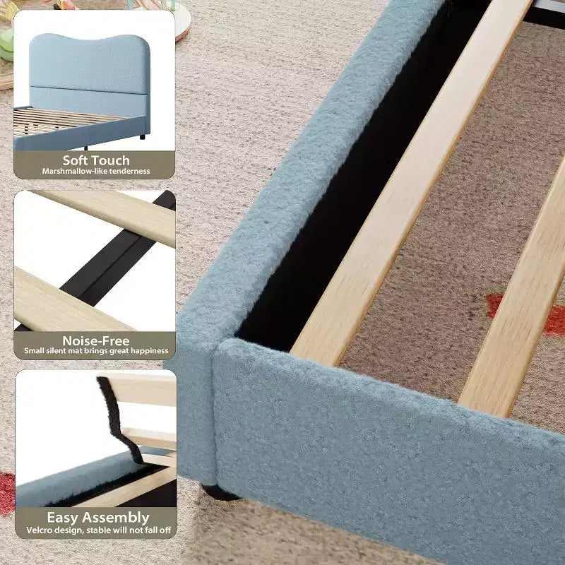 Struttura letto matrimoniale/una piazza e mezza/queen size con testiera imbottita in Boucle effetto nuvola, piattaforma a basso profilo, robuste doghe in legno, silenziosa, non richiede rete a molle