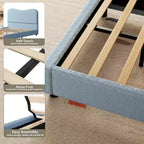 Struttura letto matrimoniale/una piazza e mezza/queen size con testiera imbottita in Boucle effetto nuvola, piattaforma a basso profilo, robuste doghe in legno, silenziosa, non richiede rete a molle