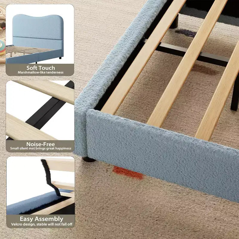 Struttura letto matrimoniale/una piazza e mezza/queen size con testiera imbottita in Boucle effetto nuvola, piattaforma a basso profilo, robuste doghe in legno, silenziosa, non richiede rete a molle