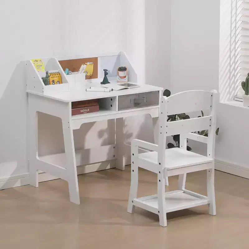 Kids Desk and Chair Set, Wooden Study Table with Storage Bins, Bookshelf, Bulletin Board, and Pen Holder, Writing Table for Boys and Girls, White