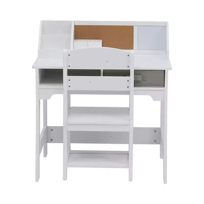 Scrivania e sedia per bambini, tavolo da studio in legno con contenitori, libreria, bacheca e portapenne, tavolo da scrittura per bambini e bambine, bianco