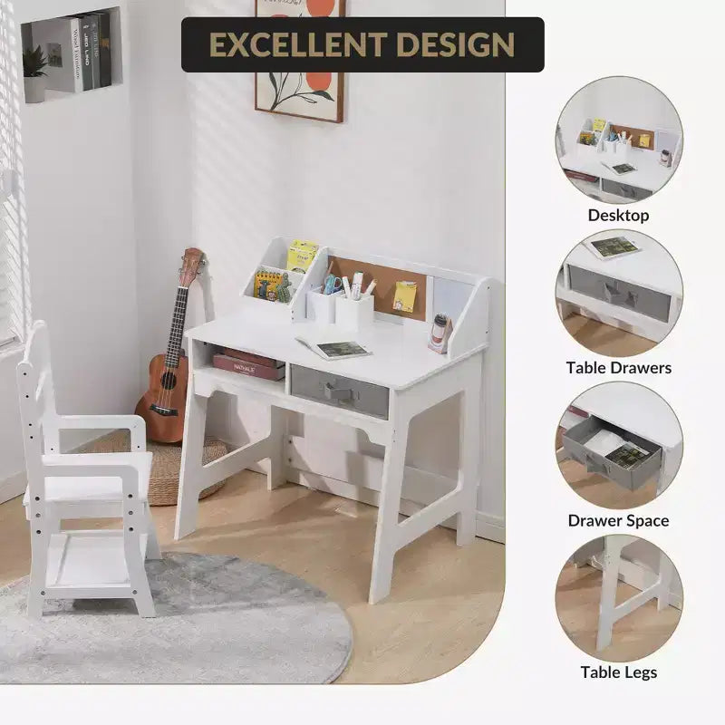 Scrivania e sedia per bambini, tavolo da studio in legno con contenitori, libreria, bacheca e portapenne, tavolo da scrittura per bambini e bambine, bianco