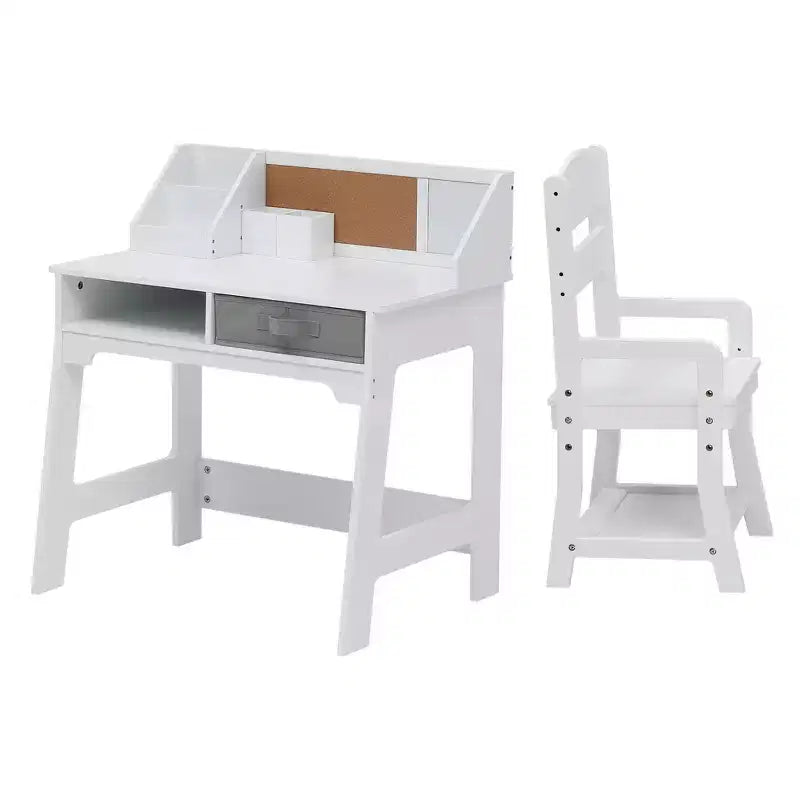 Scrivania e sedia per bambini, tavolo da studio in legno con contenitori, libreria, bacheca e portapenne, tavolo da scrittura per bambini e bambine, bianco