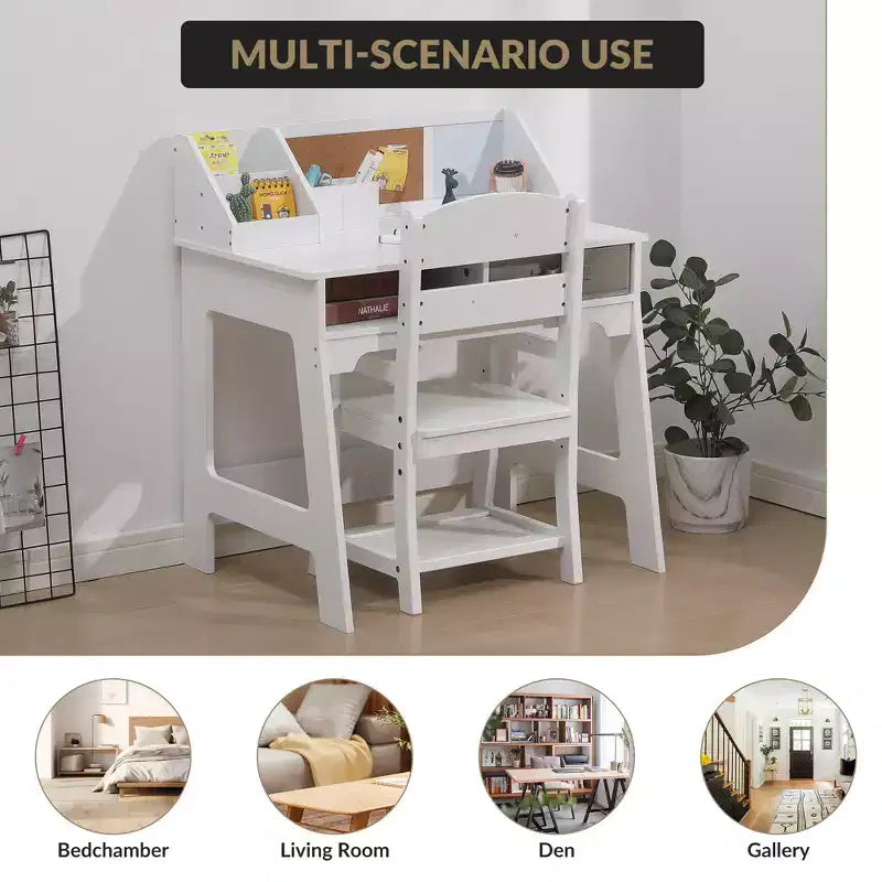 Scrivania e sedia per bambini, tavolo da studio in legno con contenitori, libreria, bacheca e portapenne, tavolo da scrittura per bambini e bambine, bianco