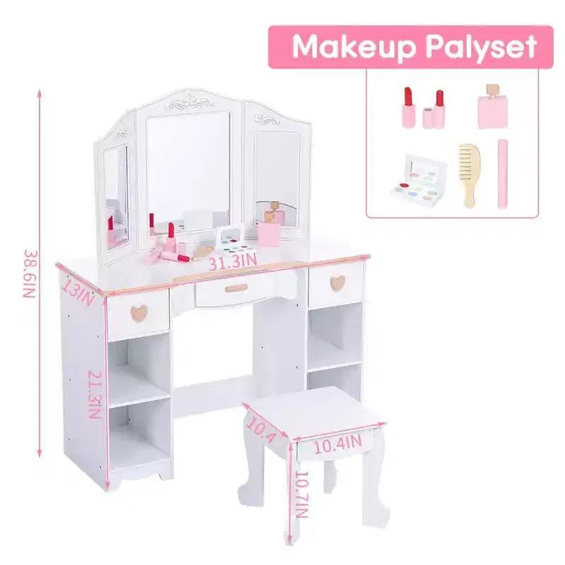 Toeletta per bambini con specchio e cassetto - Tavolo e sedia da toeletta per bambine con set da trucco in legno, perfetta per 3-9 anni, bianco