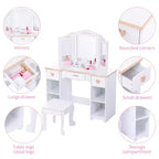 Toeletta per bambini con specchio e cassetto - Tavolo e sedia da toeletta per bambine con set da trucco in legno, perfetta per 3-9 anni, bianco