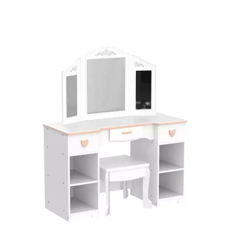 Toeletta per bambini con specchio e cassetto - Tavolo e sedia da toeletta per bambine con set da trucco in legno, perfetta per 3-9 anni, bianco
