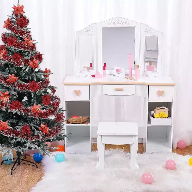 Toeletta per bambini con specchio e cassetto - Tavolo e sedia da toeletta per bambine con set da trucco in legno, perfetta per 3-9 anni, bianco